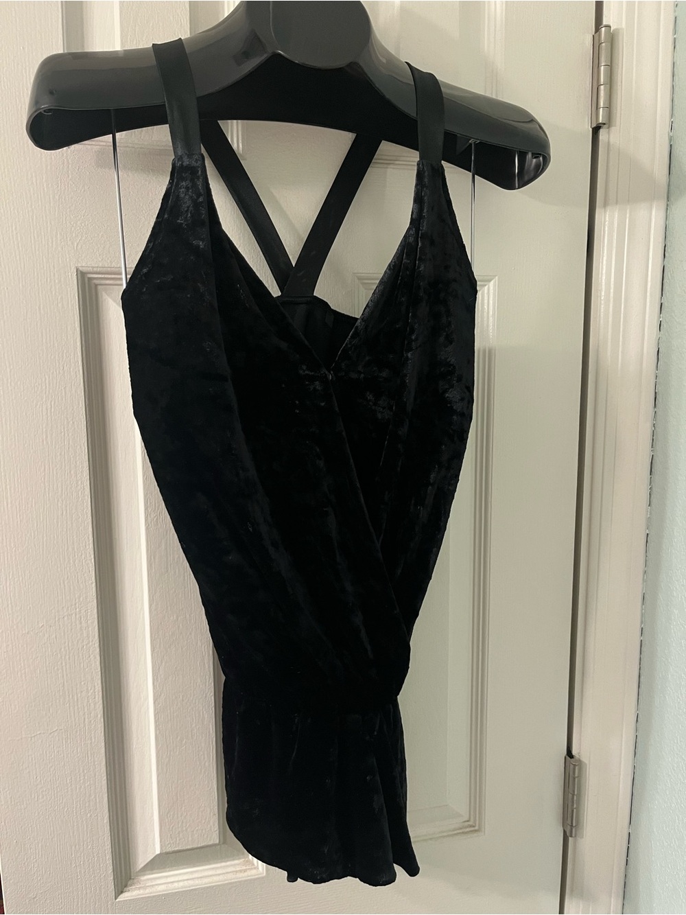 Y2K Vintage Express XS Black Velvet V-Neck Sleeveless, cross back, faux wrap top